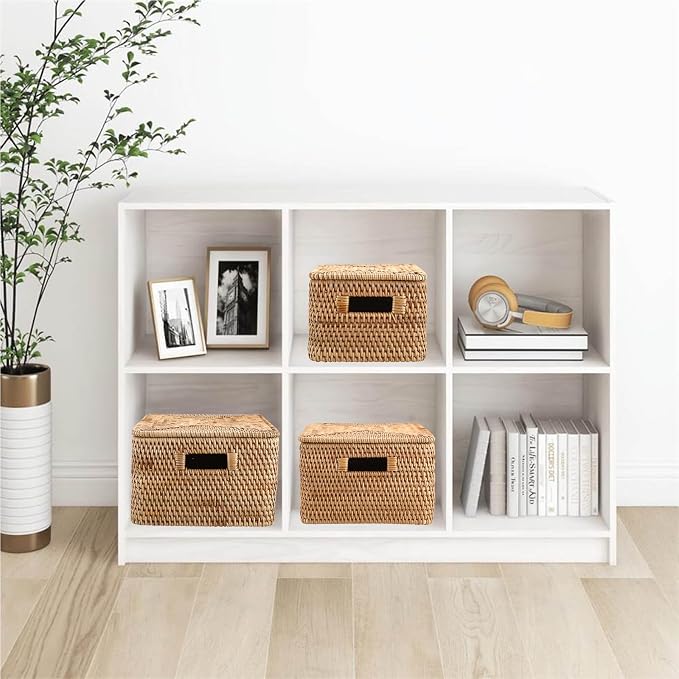 Hipiwe Rattan Basket with Lid Rectangular Lidded Wicker Storage Basket Bin | Natural Hand-Woven Basket Boxes for Shelf Organizing Picnic Food Bread Table Storage Basket, 12"x7.9"x 5.9" - Image 6
