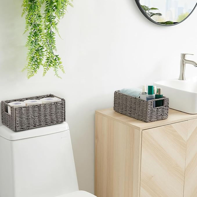Wicker Storage Basket, Set of 2 Hand-Woven Paper Rope Wicker Basket, Small Storage Baskets for Organizing Toilet Paper, Foldable Large Cube Storage Organizer Bins for Shelves (Grey) - Image 7