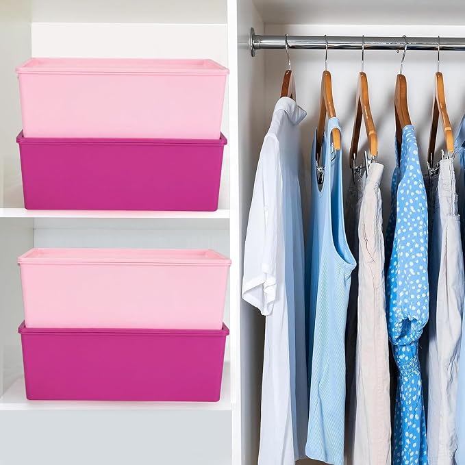 6 Pcs Pink Large Plastic Storage Bins with Lids | 14.4 x 10.4 x 5.1 Inch, Stackable Storage Containers, Decorative Cubby Organizer for Clothes Shelves Garage Closet Office - Image 6
