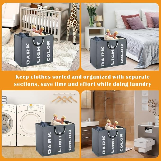 3 Section Laundry Basket Collapsible Laundry Hamper With Carry Handles Laundry Storage Washing Storage Bin (3 Section-Dark Grey) - Image 8