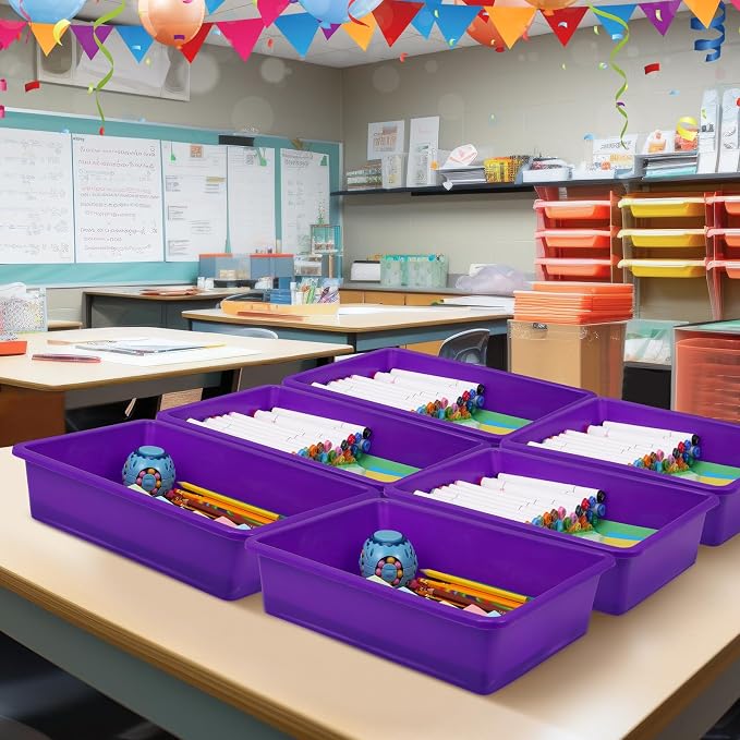 Hoteam 18 Pcs Flat Storage Organizer Bins Letter Size Paper Tray Classroom Storage Plastic Art Trays Classroom Pencil Organizer Baskets for School Office Teacher Book Organization(Purple) - Image 7