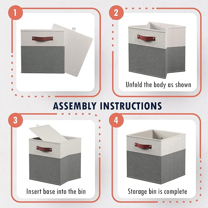 Ornavo Home 13x15x13 Foldable Fabric Storage Cube Bins, 6 Pack, White/Gray | Collapsible Linen Shelf Basket Organizer; Leather Handles; Fits Cube Storage Shelving Units - Image 7