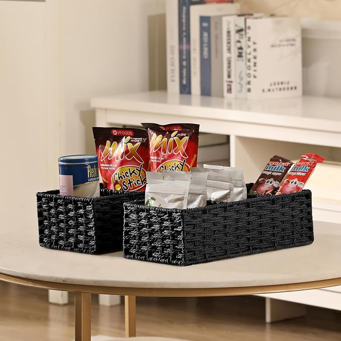 3 Section Wicker Storage Basket, Hand-Woven Paper Rope Wicker Baskets for Organizing, Toilet Tank Basket, Black Baskets for Bathroom, 2-Pack, Black - Image 8