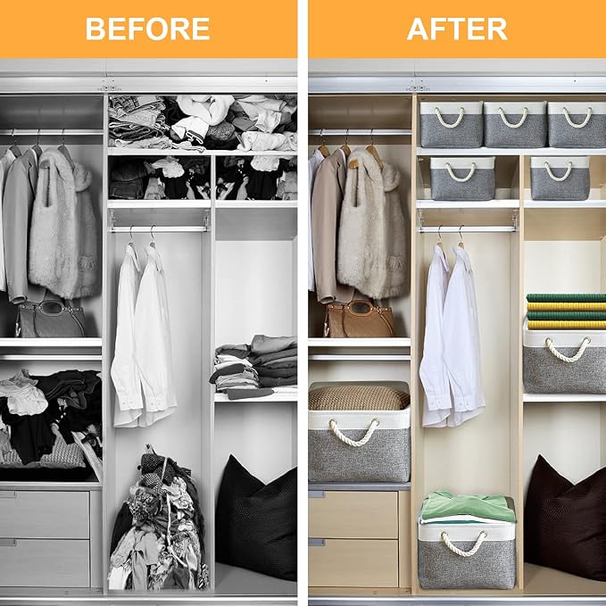 Storage Basket for Organizing - 15.7x11.8x8.2 inch Large 3 Pack Collapsible Storage Bins for Shelves, Fabric Storage Cubes for Gift Closet Linen Organization (White & Grey) - Image 9