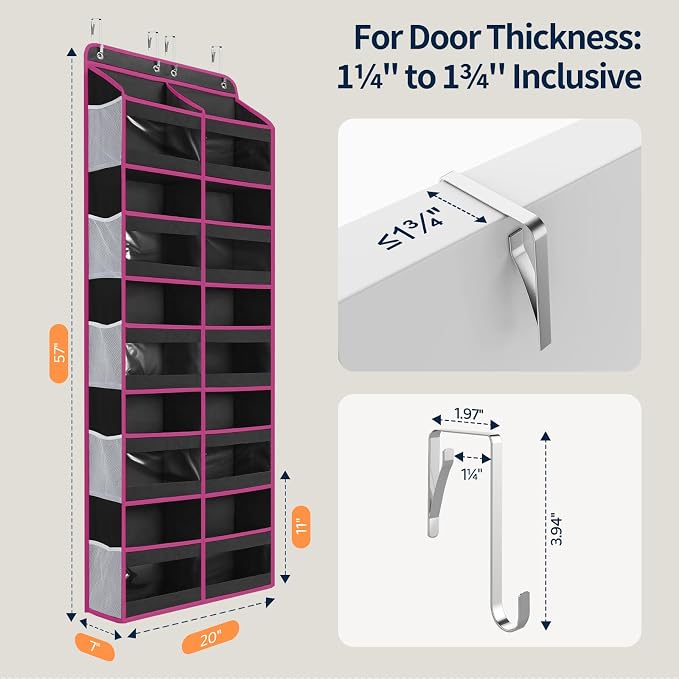 Yecaye 5-Tier Over The Door Organizer Dual-Column, 80lbs Load Over The Door Storage of 10 Compartments, Heavy Duty Door Organizer Hanging for Bedroom Closet Dorm Bathroom Pantry, Black and Pink 1 Pack - Image 9