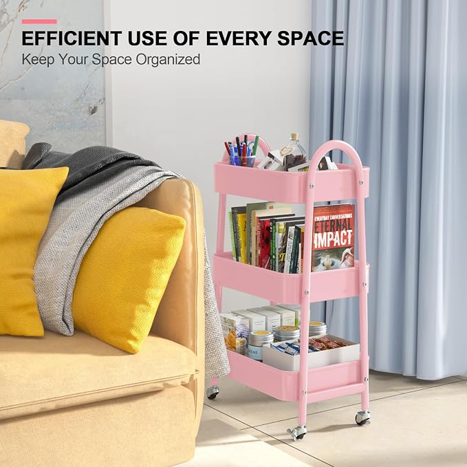 3 Tier Utility Rolling Cart, Metal Storage Cart with Handle and Lockable Wheels, Multifunctional Storage Organizer Trolley with Mesh Baskets for Kitchen, Living Room, Office, Garage (Pink) - Image 7