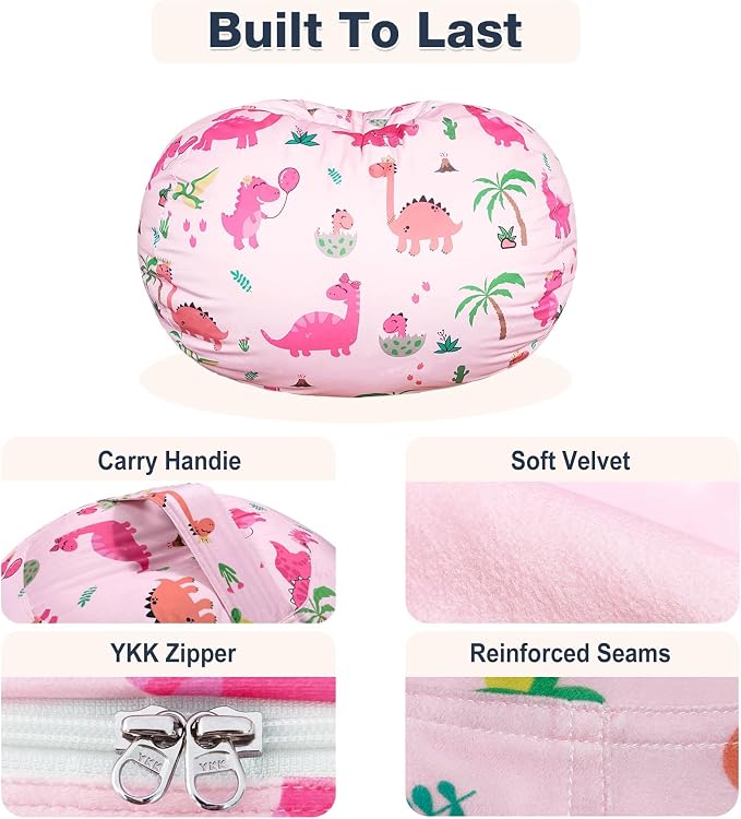 Lukeight Dinosaur Stuffed Animal Storage Bean Bag Chair Cover for Kids, Velvet Plush Toy Organizer Seat, Cover Only, No Filling Included, Long YKK Zipper, Side Pocket, X-Large 30"D x 18"H - Image 6