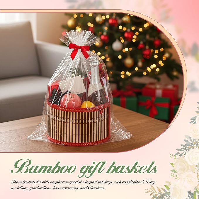 Weysat 12 Set Baskets for Gifts Empty Bulk, Large Woven Bamboo Gift Basket Kit with Handles, Bow, Wrap Bag to Fill for Raffle Thanksgiving Day Wedding Birthdays Party Wrapping (Red) - Image 6