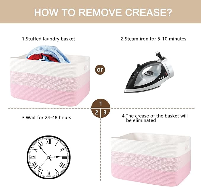 OIAHOMY Blanket Basket Laundry Basket Dog Toy Basket 75L Pink/White | Large Storage Basket,Baby Basket,Toy Storage,Woven Rope Basket for Blankets,Blanket Storage for Living Room - Image 7
