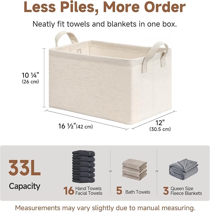 StorageWorks Linen Closet Organizers, Fabric Storage Bin, Beige, 2-Pack | Large, With Reinforced PU Handles, Metal Frame, Collapsible, Basket for Shelves, Closet, Holds Clothes, Towels, Blankets - Image 6