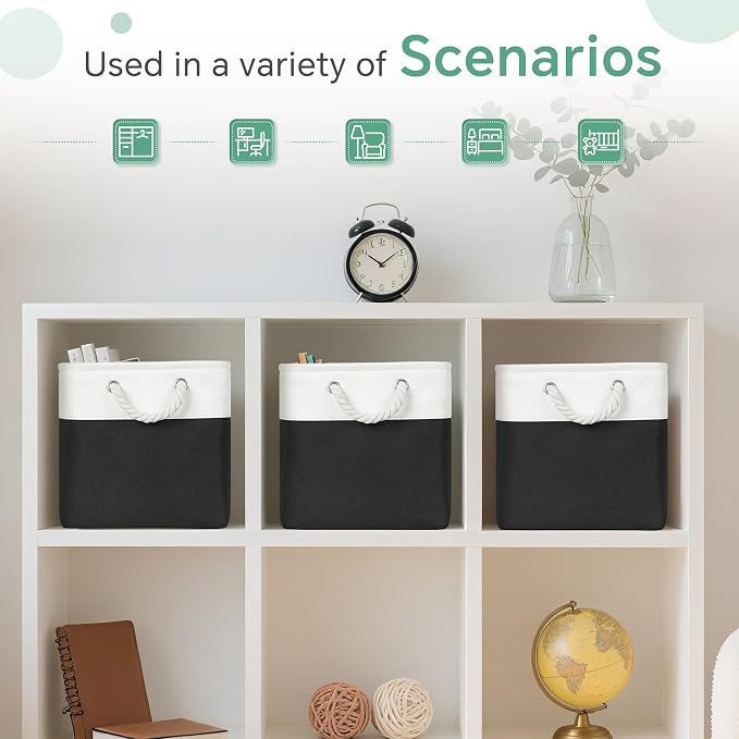 FinishingBo 11 inch Cube Storage Bin with Handles 6 Pack | Foldable Basket, Fabric Storage Bins, Closet Storage, Home Organizer (White/ Black) - Image 7