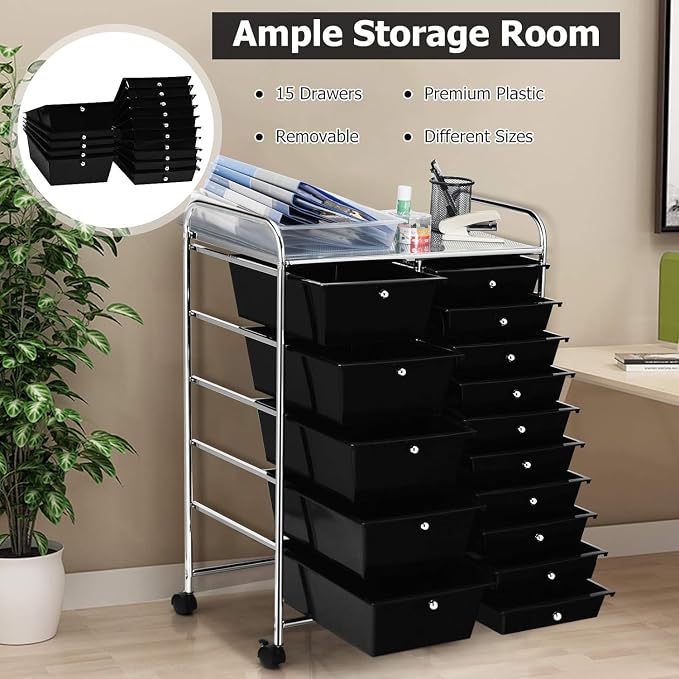 15 Drawer Rolling Storage Cart, Rolling Cart with Drawers for Classroom, Art Supply Craft Organizer on Wheel with Metal Frame & Handles for Home Office School - Image 9