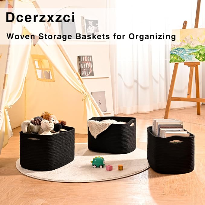 Storage Baskets for Organizing Shelves, Woven Cotton Rope Bins for Organization, Dog Toy Organizer for Shelf Living Room Bedroom, 14.8"×11"×9.5", Pack of 3, Black - Image 6