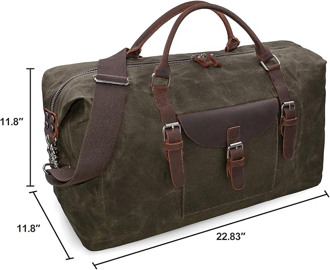 Oversized Travel Duffel Bag Waterproof Canvas Genuine Leather Weekend bag Weekender Overnight Carryon Hand Bag, Dark Brown - Image 8