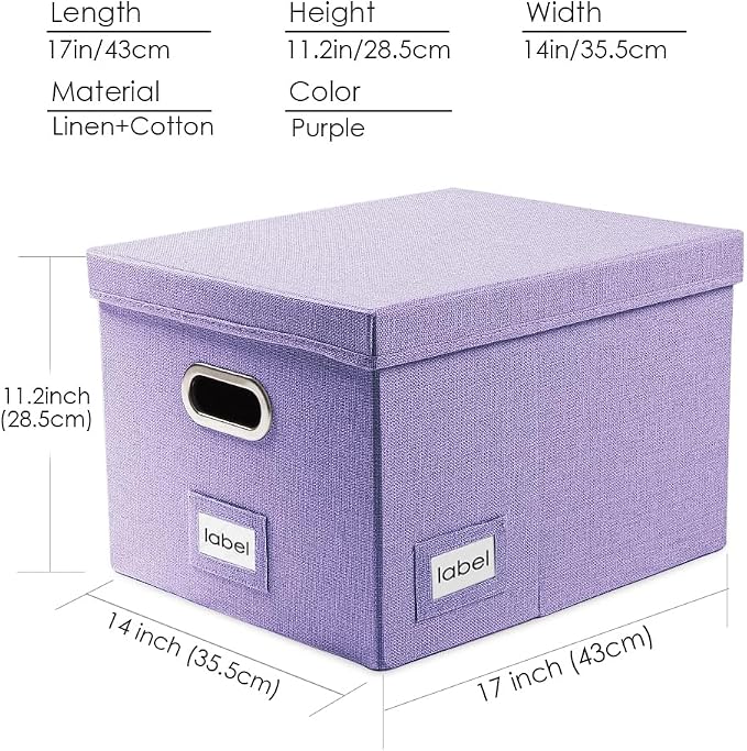 File Organizer Box - Set of 4 Collapsible Decorative Linen Filing Storage Hanging File Folders with Lids Office Cabinet Letter/Legal Size Purple 17.1x14x11.1 inch - Image 7