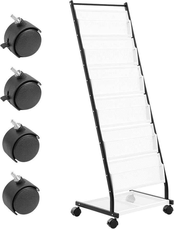 VEVOR Brochure Display Rack, 6-Tier Magazine Literature Display Stand, Floor Standing Magazine Rack Newspaper Catalog Holders, Movable with 4 Wheels (2 Lockable) for Shop Exhibitions Office, 6 Pockets - Image 9