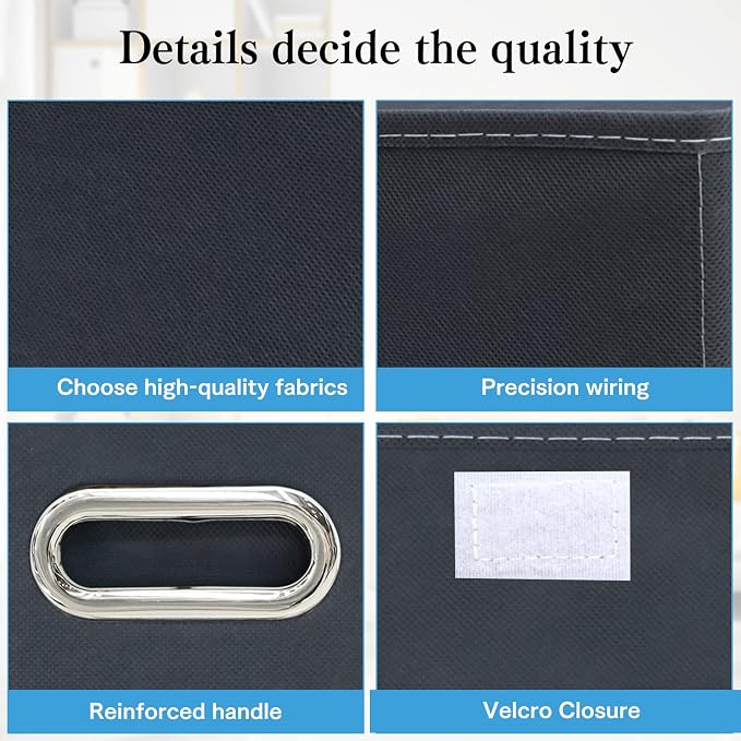 STOREONE Fabric Storage Cube Bins Foldable Organizer Container Collapsible Basket with Lids and Metal Handles, for Home, Bedroom, Closet 6 Pcs (Grey) - Image 7