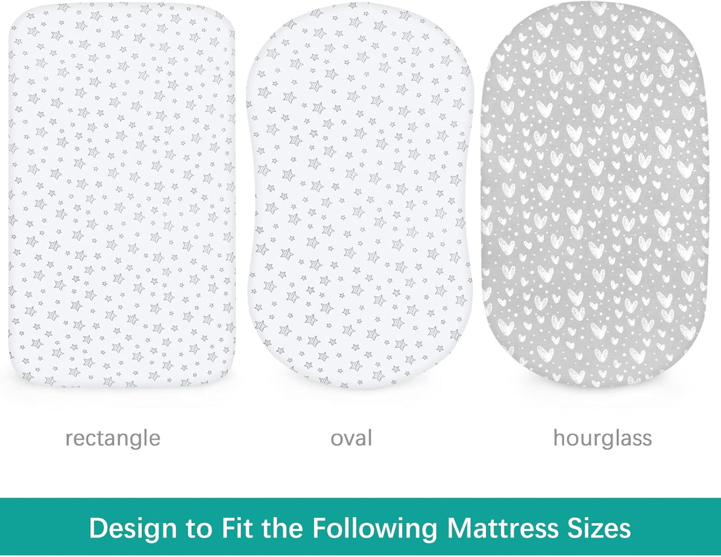 Waterproof Bassinet Sheets Fit for Halo, Dream on Me, Ingenuity, Fisher Price, Delta, Graco and Other Oval Bassinet Mattress, 2 Pack, 100% Cotton, Ultra Soft, White Grey Star Print for Baby