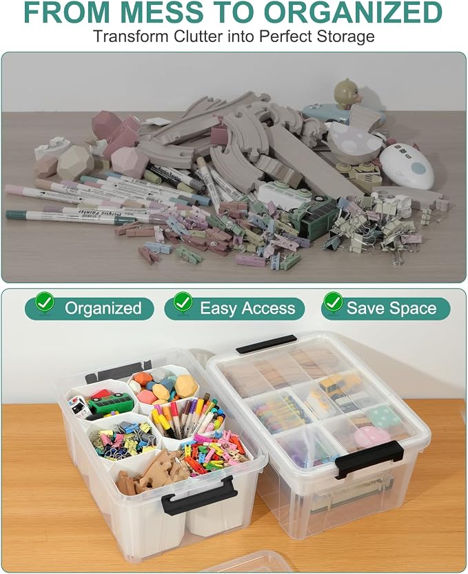 EOENVIVS 17 QT Clear craft storage organizer box with Removable Tray, Plastic storage bins with lids for Kids Art Supplies, Toys, Beads, Tools, Sewing & Classroom Clear+Black Bulcket - Image 8