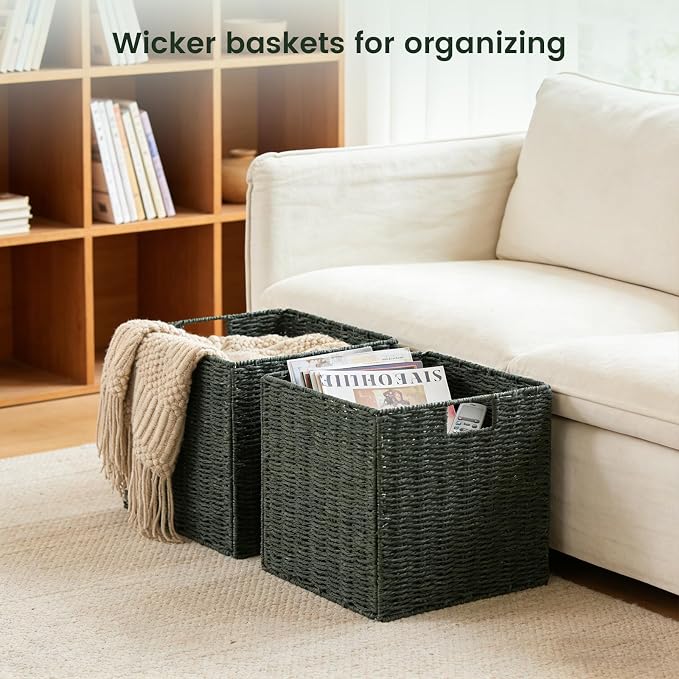 Set of 2 Hand-Woven Paper Rope Wicker Baskets, Storage Basket, Foldable Cube Storage Bins, Green Storage Cubes, Square Baskets for Organizing Shelves, 12x12x12in - Image 7