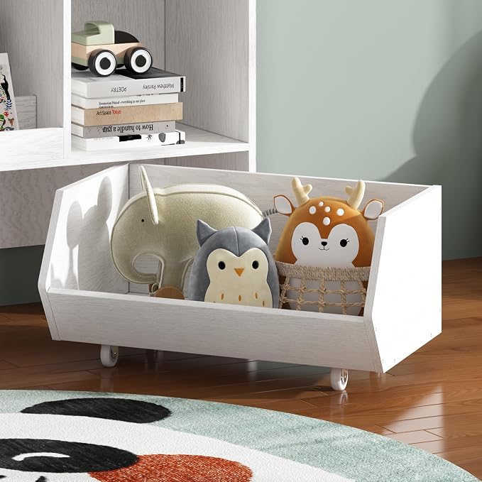 ZOPEND Kids Bookshelf and Toy Storage Organizer with 2 Rolling Bins, 5-Tier Open Wooden Bookcase for Children's Bedroom Playroom Nursery, Montessori Toddler Book Shelf with Display Rack, White - Image 7