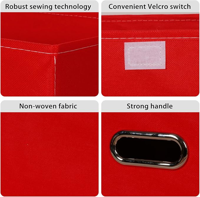 Linen Fabric Foldable Collapsible Storage Cube Bin Organizer Basket Fabric Storage Bins with Lid, Leather Handles, Removable Divider for Home, Closet, Red 3Pcs - Image 7