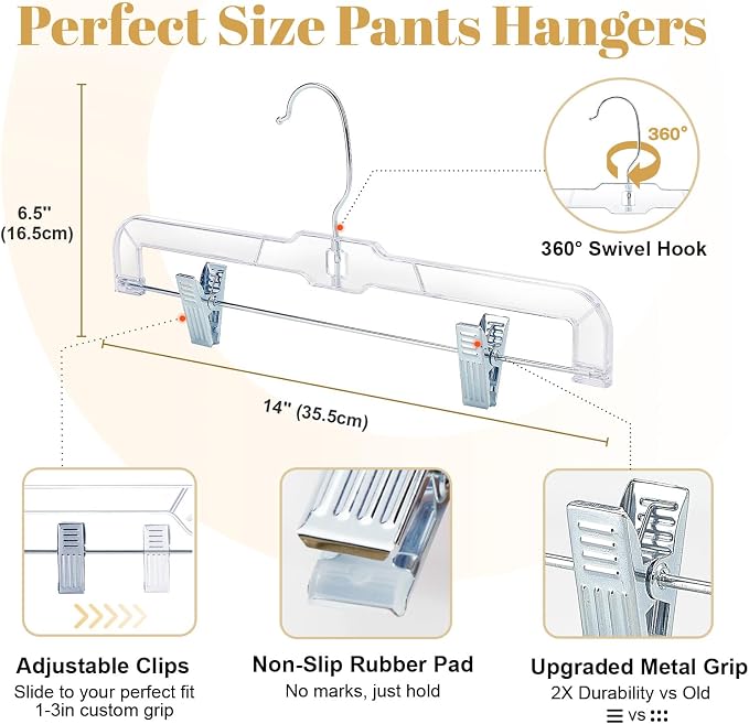 HOUSE DAY 14 Inch Clear Pants Hangers with Clips 12 Pack, Skirt Hangers | Adjustable Clip Hangers for Pants, Skirts, Jeans and Shorts, with No Marks Pads and 360° Swivel Hook, for Closet Organization - Image 9