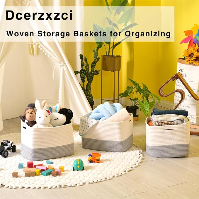 Grey Storage Baskets for Organizing Shelves, Woven Cotton Rope Baskets for Storage, Dog Toy Basket Storage Kids, Gray Shelf Basket, 14.8"×11"×9.5", Pack of 3, Off White & Grey - Image 6