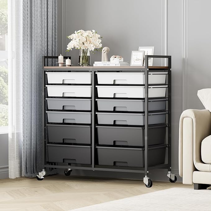 TOOLF 12 Drawers Rolling Storage Cart with Wooden Top for Classroom,Grey | Teacher Cart Craft Art Supply Organizer, Utility Cart with Lockable Wheels for Home Household Essentials, Office Organization - Image 9