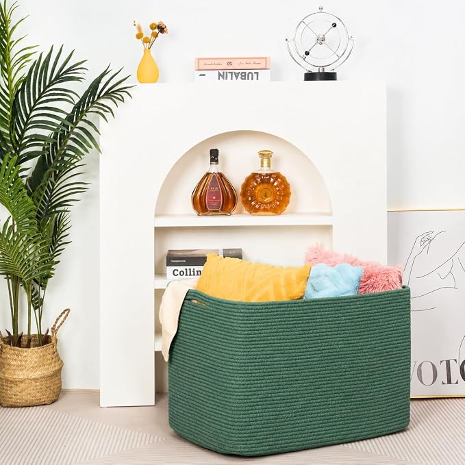 112L Extra Large Blanket Basket Holder Living Room, 25"x17"x16" Rectangle Rope Woven Storage Basket with Handles for Laundry, Towels, Shoes, Dog Toy Organizer Bin Box, Green - Image 7