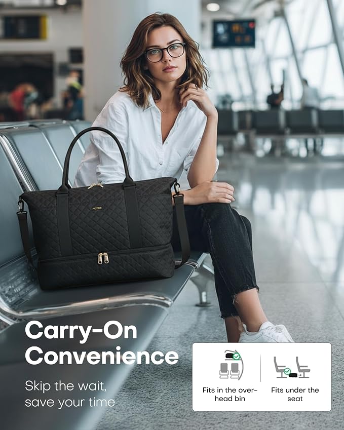 HOTOR Travel Duffel Bag - Weekender Bags for Women, Carry On Gym Tote Bags | with Toiletry Bag & Shoe Compartment, Overnight Bag for Travel Essentials and Travel Accessories, Black, 13.4"×17.3"×7.9" - Image 8