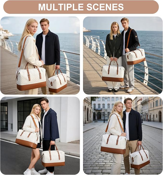Travel Duffel Weekender Bag Women Tote Carry On Bags With Shoe Compartment | Travel Overnight Bags with Trolley Sleeve for Airplanes Sport Tote Gym for Men Waterproof Lightweight Daypack Beige - Image 7