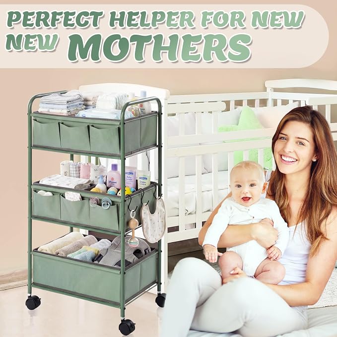 WILLBOND 3 Tier Green Baby Diaper Caddy Organizer Cart with 4+3 Dividers Large Capacity Metal Utility Bedside Rolling Cart Newborn Registry Nursery Essential Must Have Crib Bedroom Baby Shower - Image 6