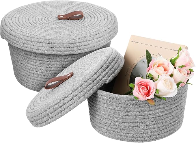 Cabilock Rope Storage Basket Set with Lid Woven Cotton Rope Organizer Baskets for Nursery Home Office and Laundry Includes Large 10.62In and Small Storage Bins for Shelf and Closet Organization - Image 9