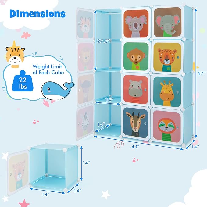 HONEY JOY Kids Wardrobe Closet, Baby Cartoon Clothes Storage Organizer, 12 Cubes & 2 Hanging Sections, Portable Children DIY Modular Bedroom Armoire Dresser Cabinet for Boys Girls (Blue) - Image 9