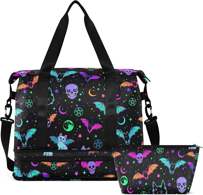 Travel Duffel Tote Bag Magic Skulls Bat and Animal Sports Duffel Bag with Wet Pocket Weekender Overnight Bag for Women Men Gym Bag, Carry On Bag Hospital Bag for Labor and Delivery - Image 8
