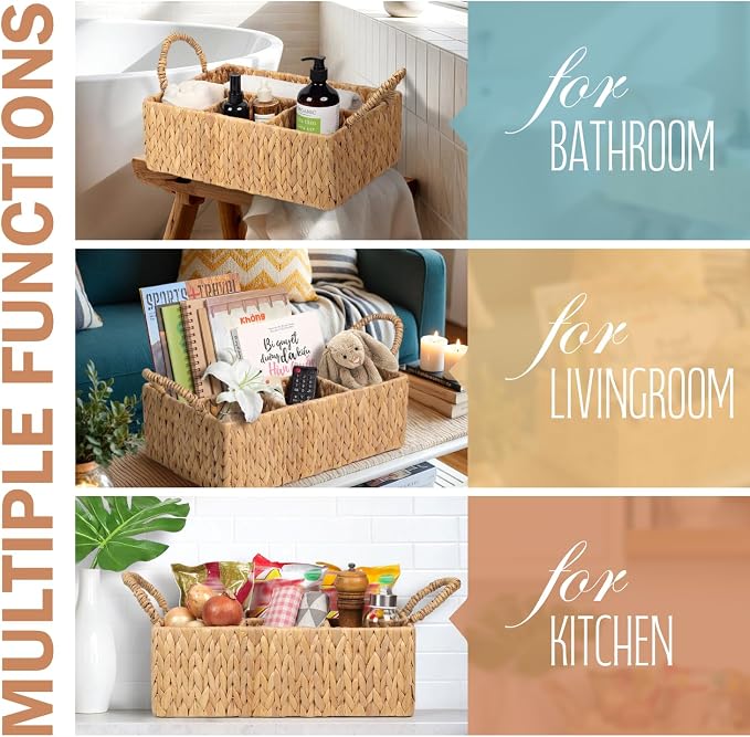 Divided Baskets with Handles, Storage Basket Natural for Organizing Bathroom Kitchen Shelves Office Supplies Organization, Wicker Storage Baskets 4 Section (1, Light Brown) - Image 8