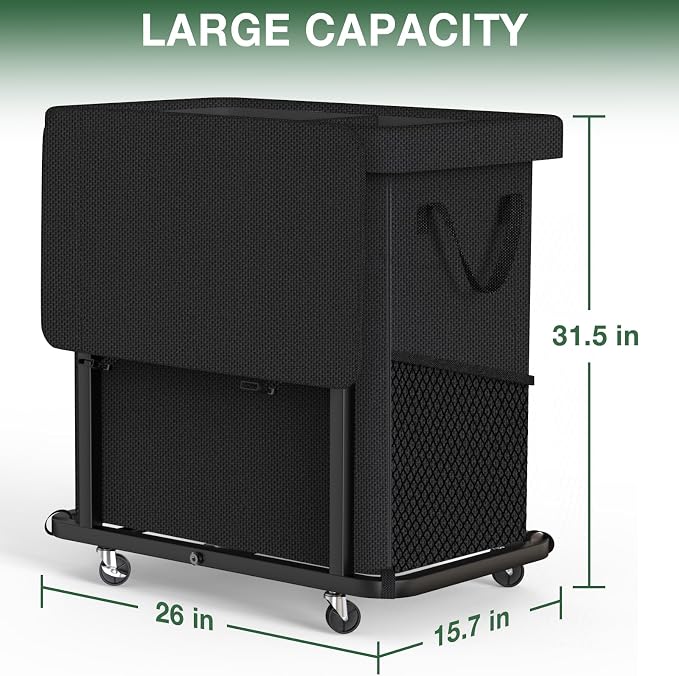 Laundry Basket with Lid,190L Rolling Laundry Hamper with Wheels,Black | Dirty Clothes Hamper with Metal Frame and Removable Bag Design,Suitable for Laundry Room, Bedroom(2 Section) - Image 6