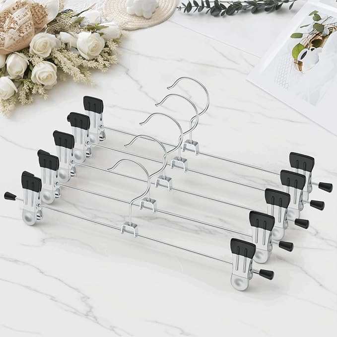 Pants Hangers with Clips Skirt Hangers for Women 10Pack | Metal Adjustable Trouser Hangers for Jeans Shorts Dress Clothes Hangers Space Saving Black - Image 9
