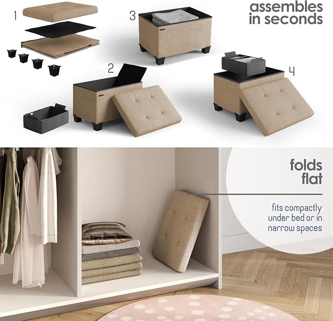 Storage Ottoman Cube with Small Bin, 16-in Square Ottoman with Storage for Living Room and Bedroom, Small Ottomans Foot Rest, Fabric Foot Stools Ottomans Max 330lbs, Taupe - Image 9