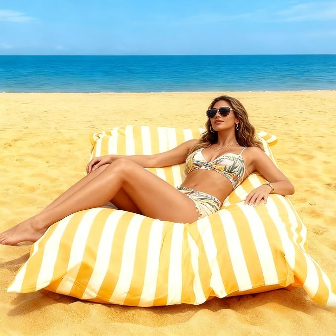 Outdoor Bean Bag Cover for Pool Side (No Filler) Waterproof Beanbag Lounge Chair Sqaure Large Beach Bean Bag Replacement Pouf Oxford Couch Sofa for Adults Swimming Pool Outside (Yellow-Stripe) - Image 7