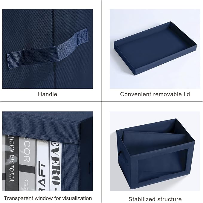 Organizing Bins with Lid - 4 Pack Foldable Clear Window Storage Bins, Large Storage Boxes with Handles, Storage Containers for Clothes, Towel, Blanket, Sheet, Navy Blue - Image 7