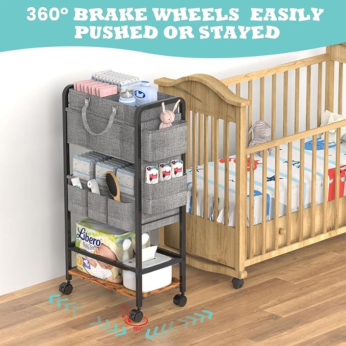 LIDTOP 2In1 Baby Diaper Caddy & 4-Tier Rolling Diaper Cart, Diaper Caddy Organizer Cart with Dividers & Drawer, Mobile Metal Bedside Cart for Nursery Essentials Storage, Large Capacity - Image 7