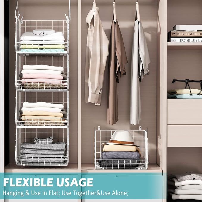4 Tier Closet Hanging Organizer Foldable Dorm Closet Organizer White | Freestanding Closet Organizers and Storage with 5 S Hooks, wire closet shelving for Wardrobe Laundry Room Patent (11.8" D) - Image 7