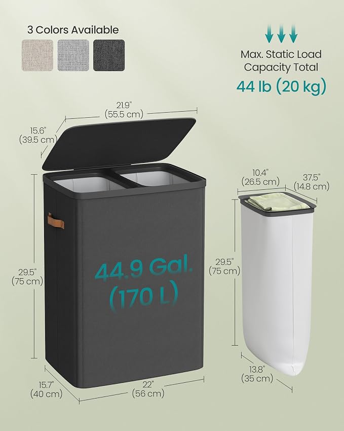 SONGMICS Laundry Basket, 44.9 Gal. Laundry Hamper, 2 Compartments, Easy Assembly, with Lid and Handles, Removable Liners, 22 x 15.7 x 29.5 Inches, Ink Black ULCB813B01 - Image 6