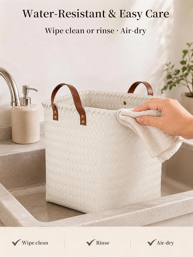 Wicker Storage Baskets, 4 Pack Woven Baskets for Shelves, White | PP Rattan, Water-resistant Wicker Basket, Large Baskets with Faux Leather Handles for Blanket, Laundry Organizer, Room Decor - Image 7