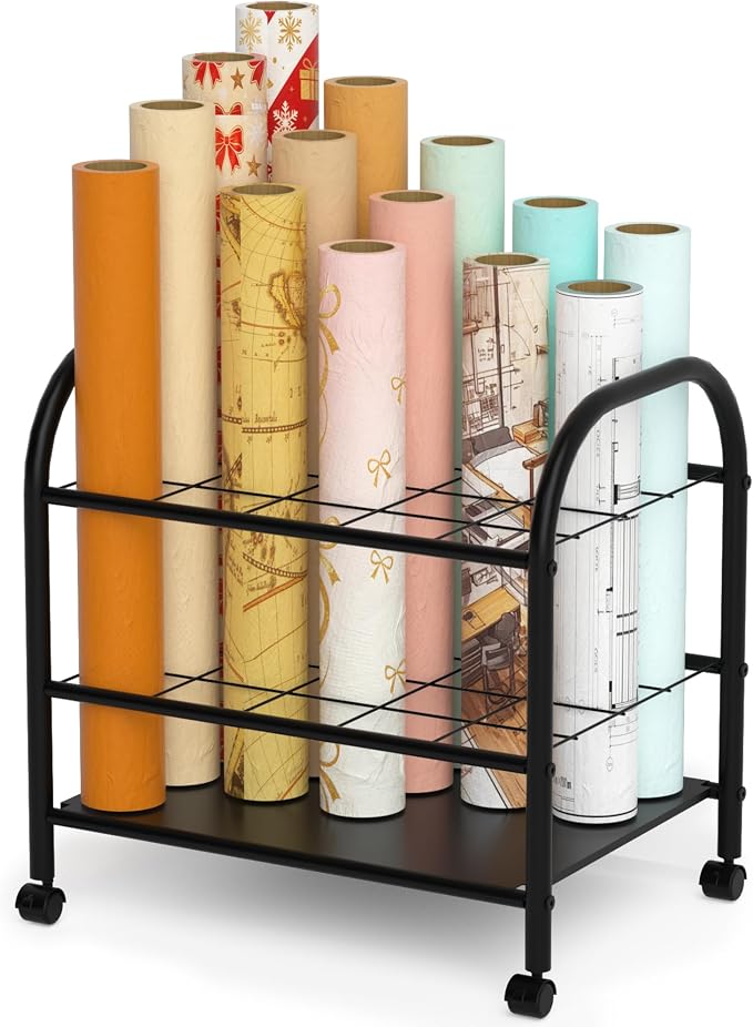 Blueprint Storage Holder with Wheels – 20-Slot Metal Roll File Rack with Silent Casters & Brakes for Blueprints, Wrapping Paper, Posters, Maps – Mobile File Cart for Office & Home (Black) - Image 9
