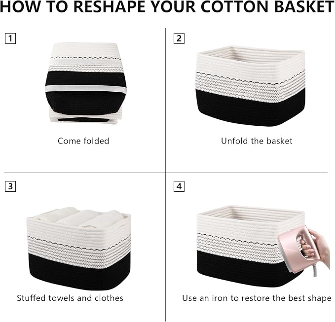OIASKET 4 Pack Storage Baskets for Organizing, 13"X9"X7.87", Decorative Cotton Rope Baskets for Shelves, Small Woven Basket for Toys, Books and Towels, Black & White - Image 8