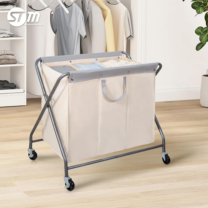 STORAGE MANIAC 160L Collapsible Laundry Hamper with Wheels, Rolling Laundry Basket, Heavy Duty Cloth Sorter with Removable Bag, Folding X Frame Clothes Organizer Cart for Easy to Store, 3 Section - Image 8