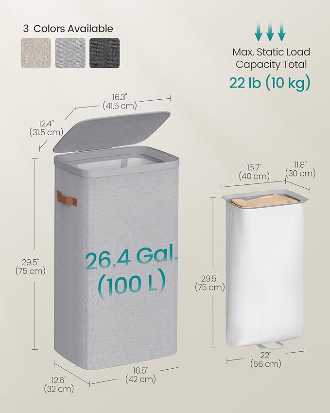 SONGMICS Laundry Basket, 26.4 Gal. Laundry Hamper, Easy Assembly, with Lid and Handles, Removable Liner, 16.5 x 12.6 x 29.5 Inches, Dove Gray ULCB811GD01 - Image 6